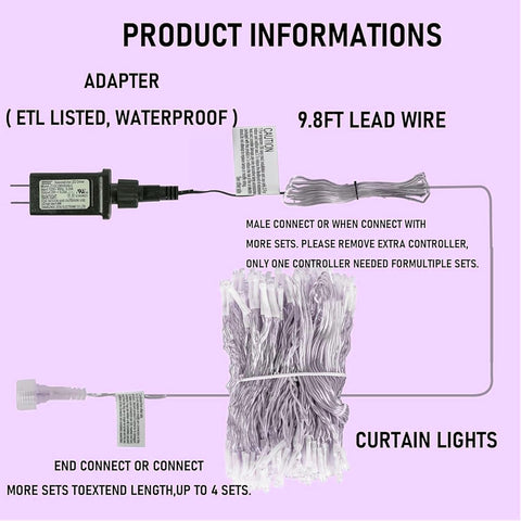 Dazzle Bright 300 LED Christmas Curtain String Lights, Halloween Fairy Lights for Bedroom with 8 Lighting Modes, Waterproof Window Light Party Wedding Garden Wall Decor, Purple