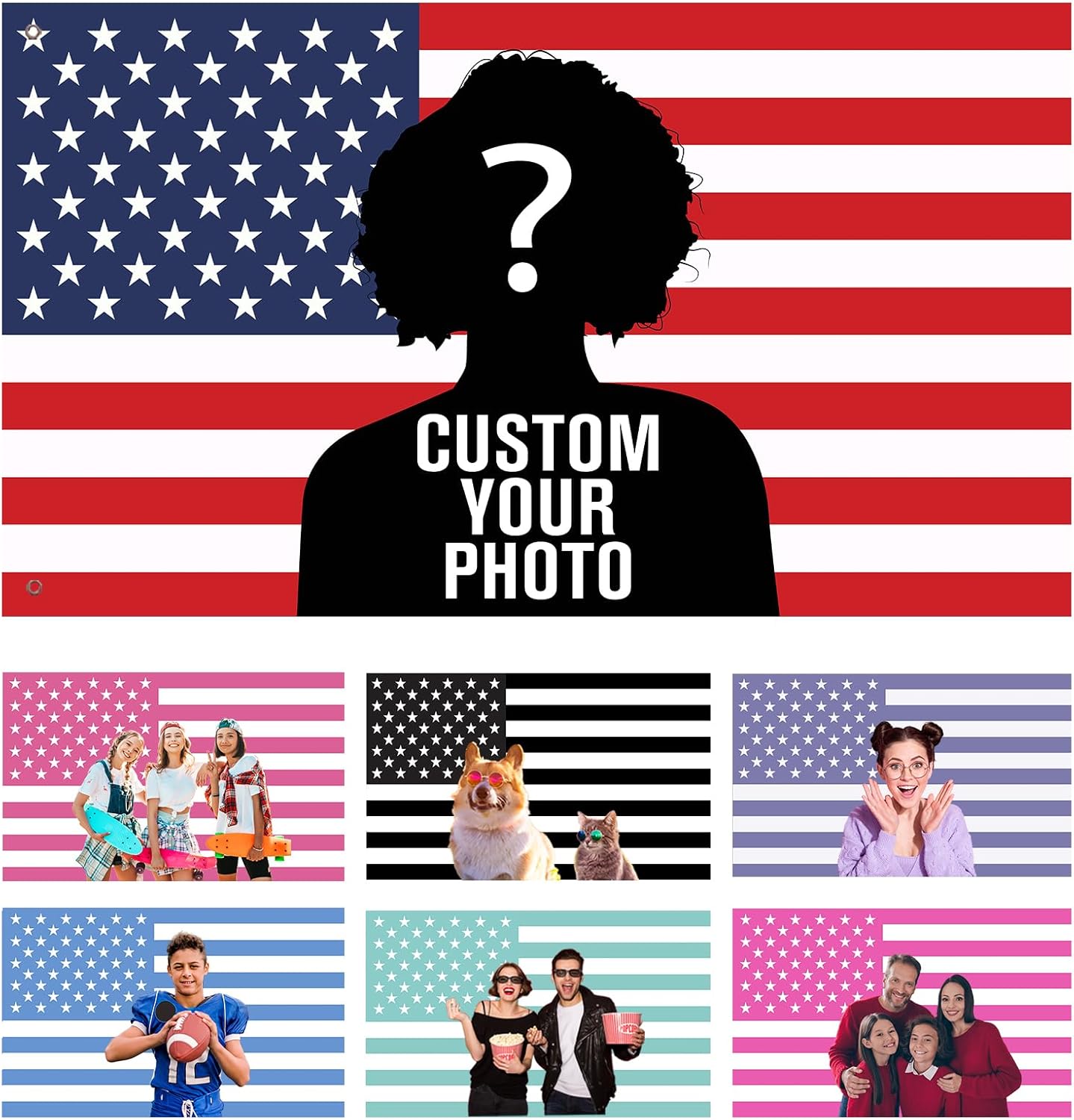Custom American US Flag with Picture, Personalized Funny Flags with Face Image Logo Photo Text Single Sided Customized Flag Tapestry for Bedroom Dorm Room Decor Garden, 2x3 3x5 4x6 5x8 Ft