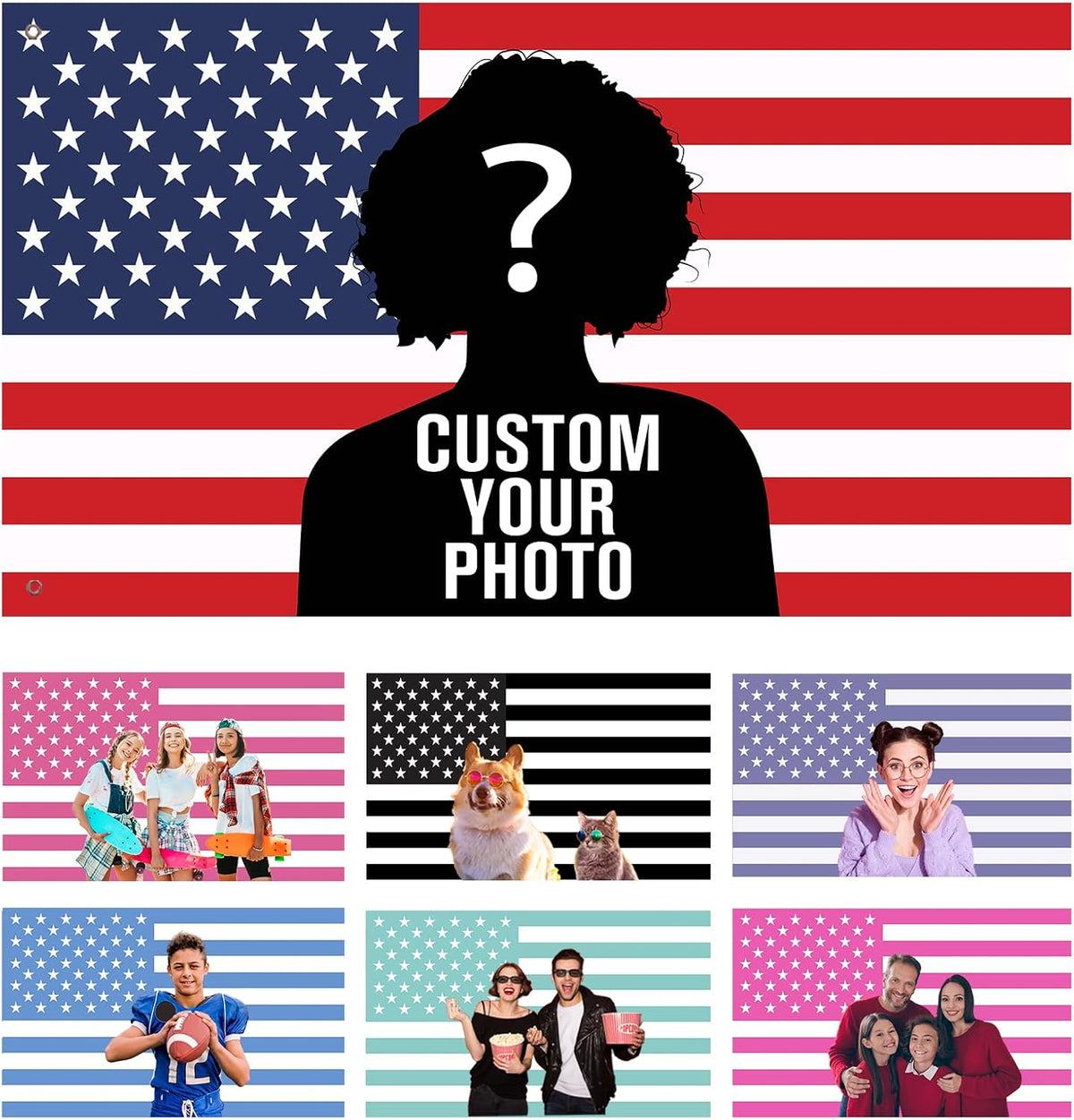 Custom American US Flag with Picture, Personalized Funny Flags with Face Image Logo Photo Text Single Sided Customized Flag Tapestry for Bedroom Dorm Room Decor Garden, 2x3 3x5 4x6 5x8 Ft
