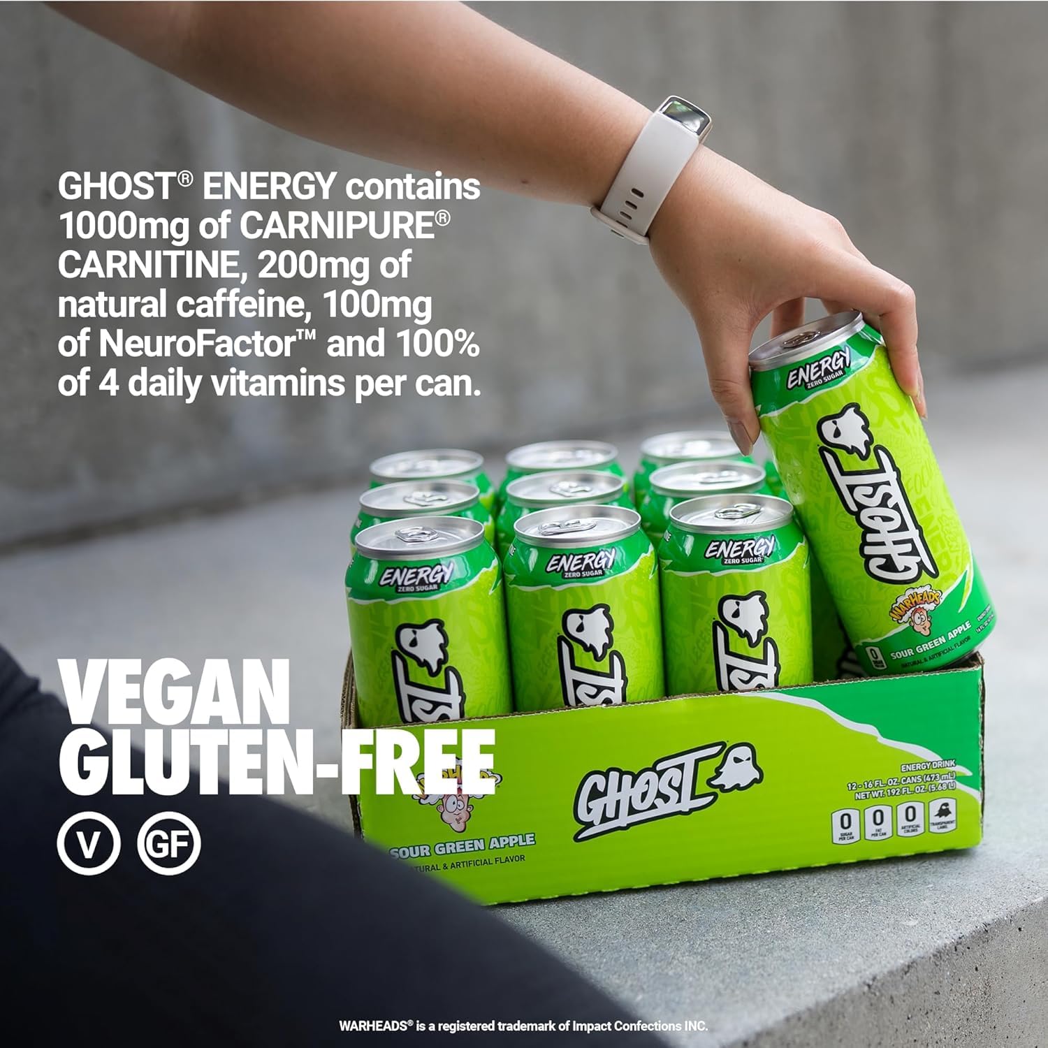 GHOST Energy Drink, Zero Sugars, 12-Pack, Warheads Sour Green Apple, 16oz