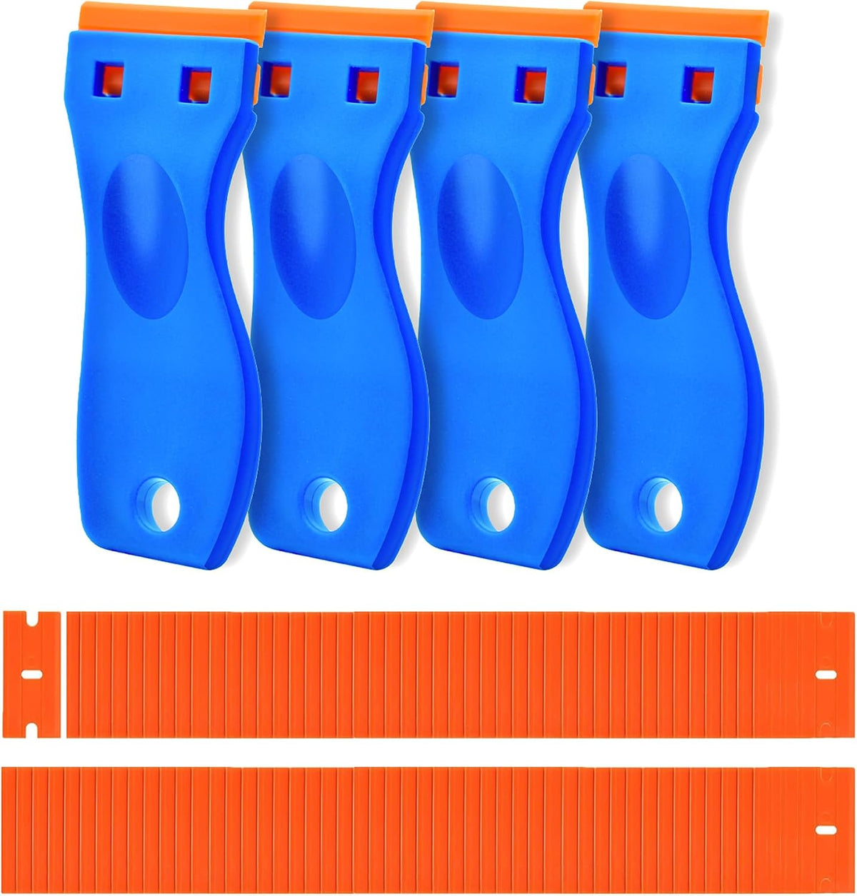 4 Pcs Plastic Razor Blade Scraper and 120 Pcs Blades, Remove Label Decal Tool,Forwithout Scratches Plastic Razor Blade Scraper, Adhesive Remover for Kitchen Appliances,Stickers and Paints on Window