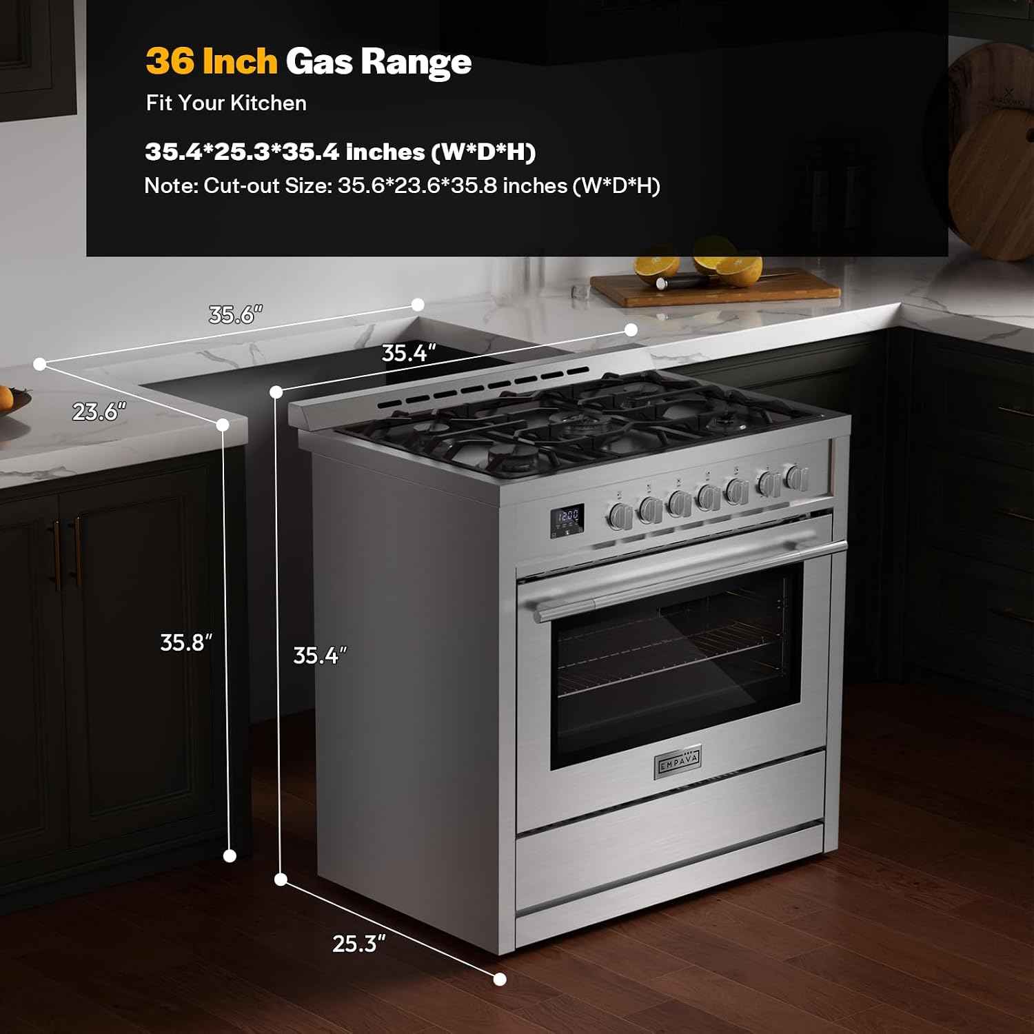 Empava 36″ Professional Gas Range with 18K BTU Triple-Ring Power Burner