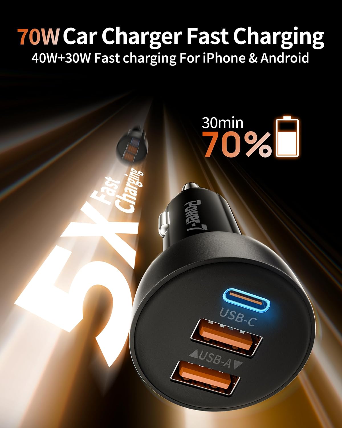 USB C Car Charger, 2 Pack 70W Fast Charging Cigarette Lighter USB Charger