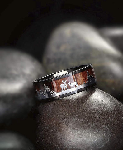 Metal Masters Men's Co. Black Tungsten Hunting Ring Wedding Band Wood Inlay Deer Stag Silhouette