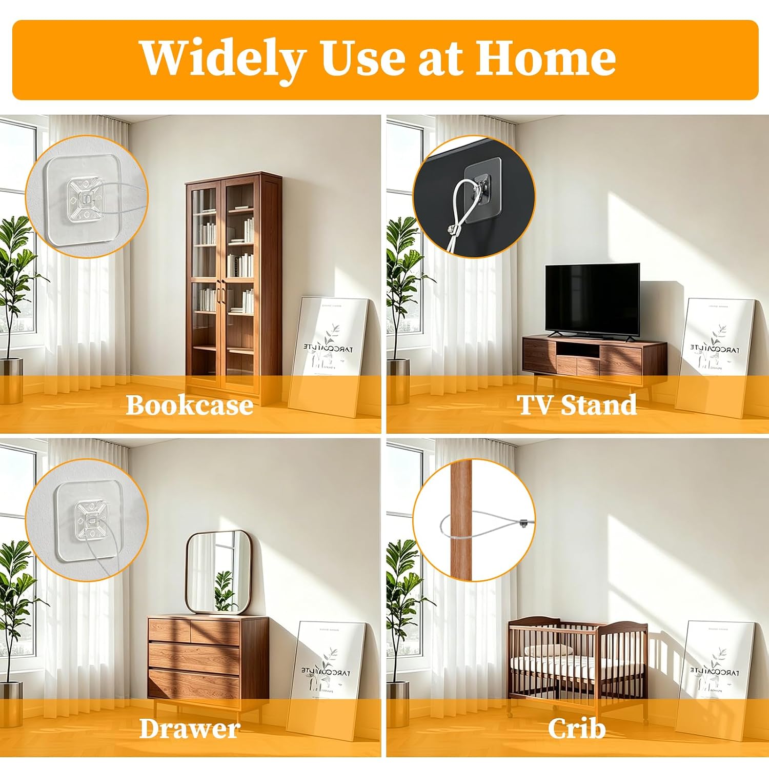 6 Pack Adjustable TV Safety Straps Stainless Steel, No-Drill Adhesive Anti-Tip Furniture Wall Anchors, Secure Flat Screens to TV Stand, Wall, Cabinet Or Desk