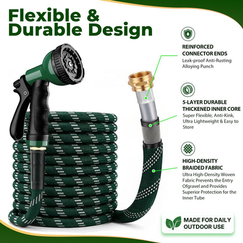 Garden Hose 100 ft, 2026 Upgraded Kink Free Flexible Water Hose 100ft With 10 Pattern Spray Nozzle, Leak-Proof, Portable, Ultra Lightweight & Durable Garden Hose for Yard, Lawn, Outdoor (DarkGreen)