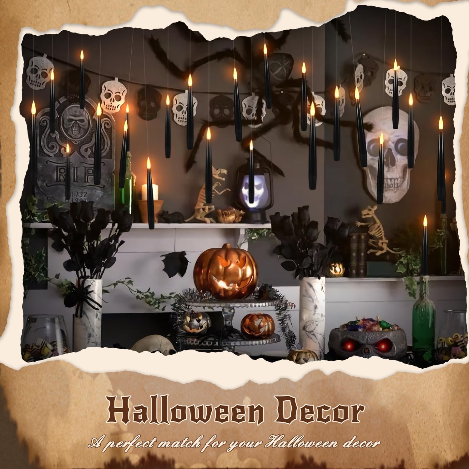 Enpornk 36 Pcs Black LED Magic Hanging Floating Candles, Taper Flickering Flameless with 2 Magic Wands - Candle Set for Halloween, Party
