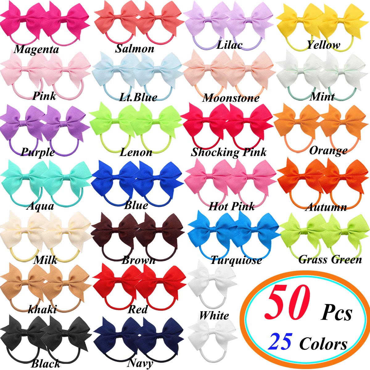 CÉLLOT Baby Hair Ties with Bows,50pc 2 inch Baby Hair Bow Ponytail Holders