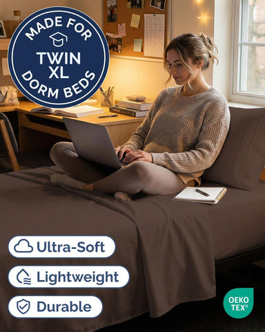 Twin XL 3 Piece Sheet Set - College Dorm Room Essentials - Brown
