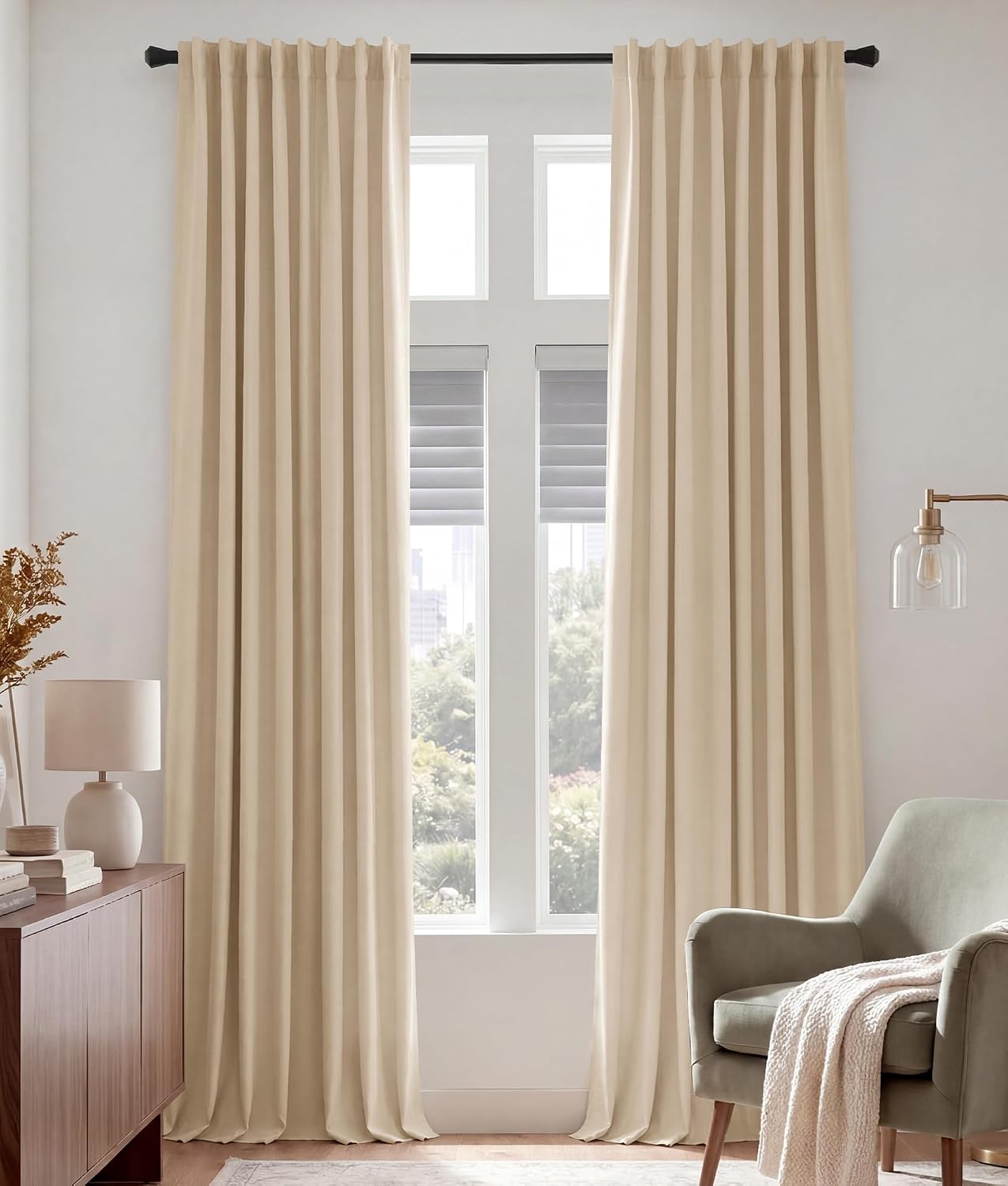 PONY DANCE 102 inch Long Curtains 2 Panels Set for Living Room Bedroom, Rod Pocket/Back Tab Thermal Insulated 75% Light Blocking Floor to Ceiling Drapes, W 52 x L 102 inch, Beige