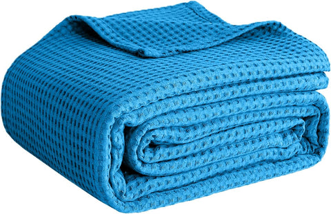 100% Cotton Blankets for Bed - Waffle Weave Blankets for Summer, Lightweight and Breathable Soft Woven Blanket for Spring (Aqua, Throw (50" x 60"))