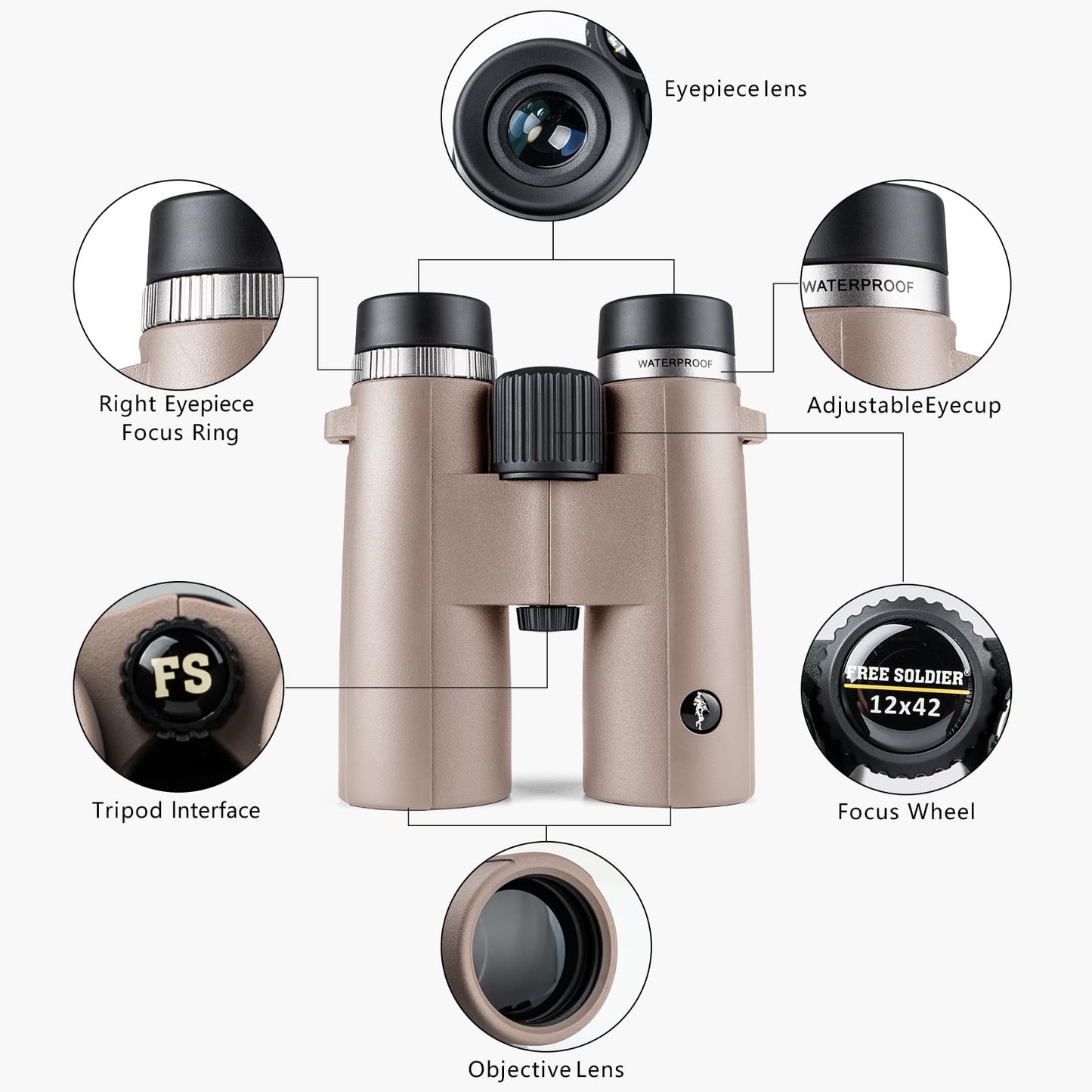 FREE SOLDIER 12×42 Binoculars for Adults and Kids - High Power Life Waterproof HD Compact Binoculars for Bird Watching Hunting Hiking Sightseeing Travel Concerts with BAK4 Prism FMC Lens, Gray