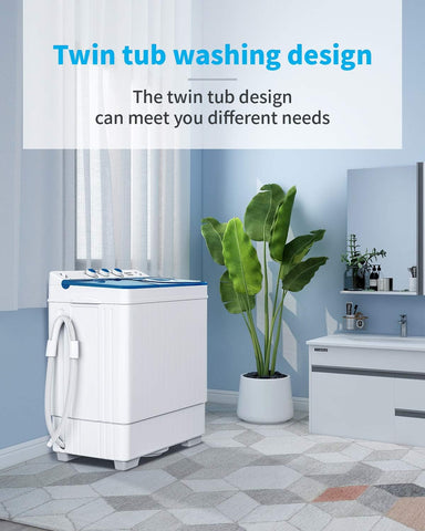Compact Twin Tub Portable Mini Washing Machine 26lbs Capacity, Washer(18lbs)&Spiner(8lbs)/Built-in Drain Pump/Semi-Automatic (White&Blue)