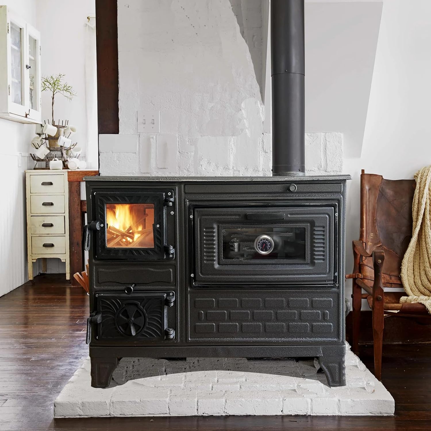 Cast Iron Stove with Oven, Durable Cast Baking Oven, Cooker Oven by Burning Wood, Warming Heater Stove, Oven Section with Thermometer, Brick Lined Fireplace Made in Turkiye (Black-with-Window)