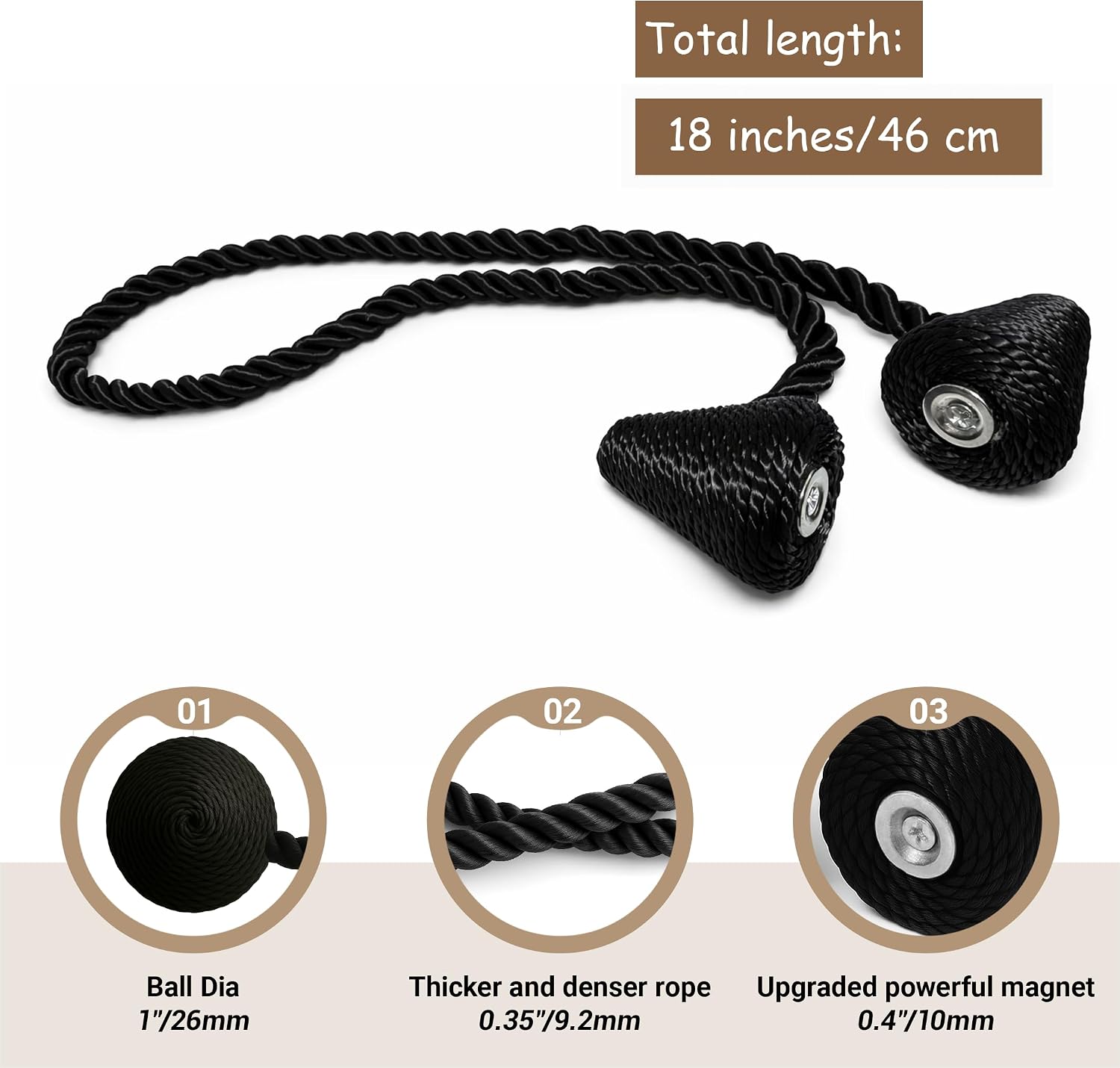 Hion Magnetic Curtain Tiebacks Black 2pcs, Curtain Holdbacks Hooks Holders