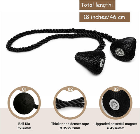 Hion Magnetic Curtain Tiebacks Black 2pcs, Curtain Holdbacks Hooks Holders
