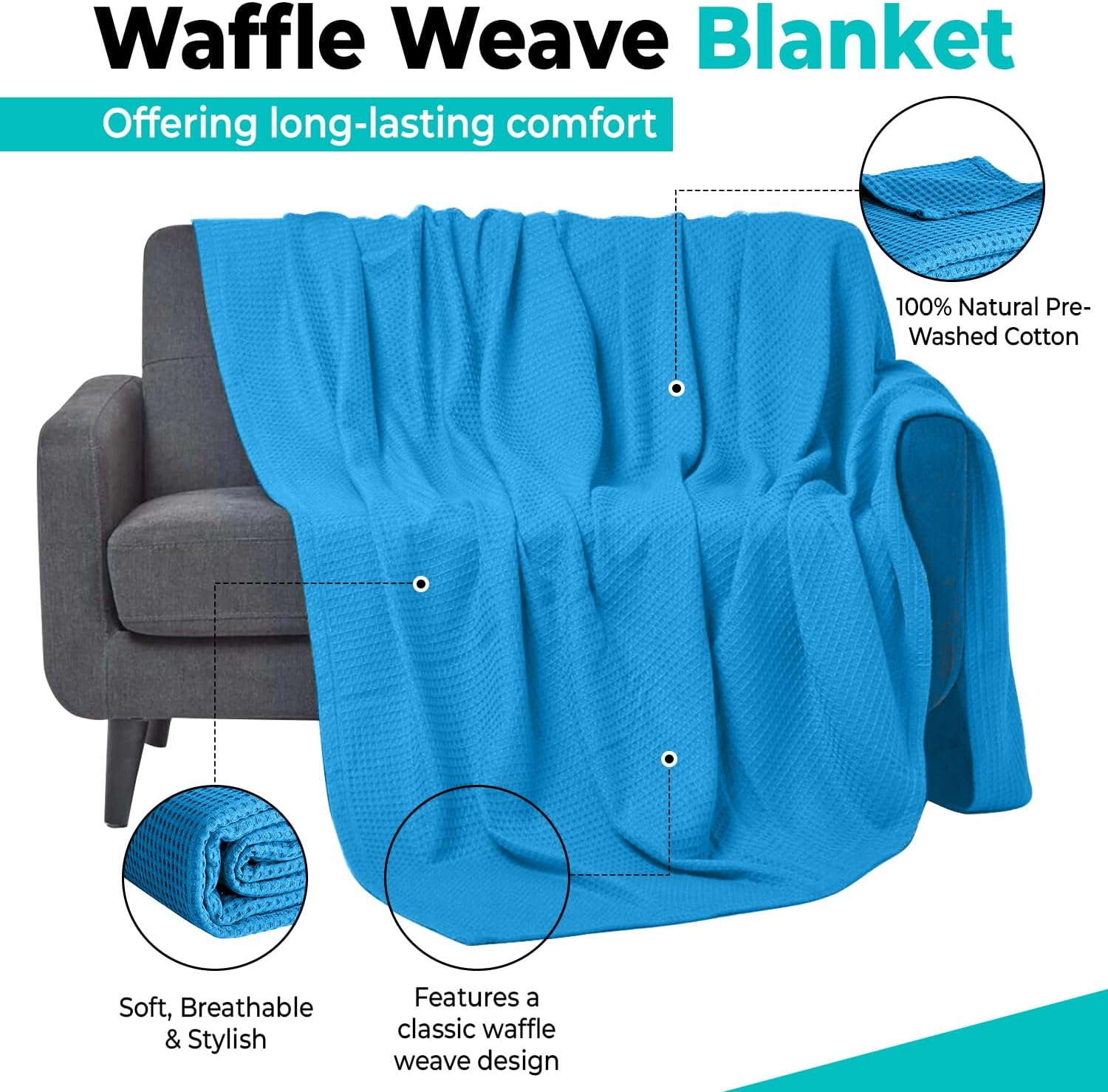 100% Cotton Blankets for Bed - Waffle Weave Blankets for Summer, Lightweight and Breathable Soft Woven Blanket for Spring (Aqua, Throw (50" x 60"))