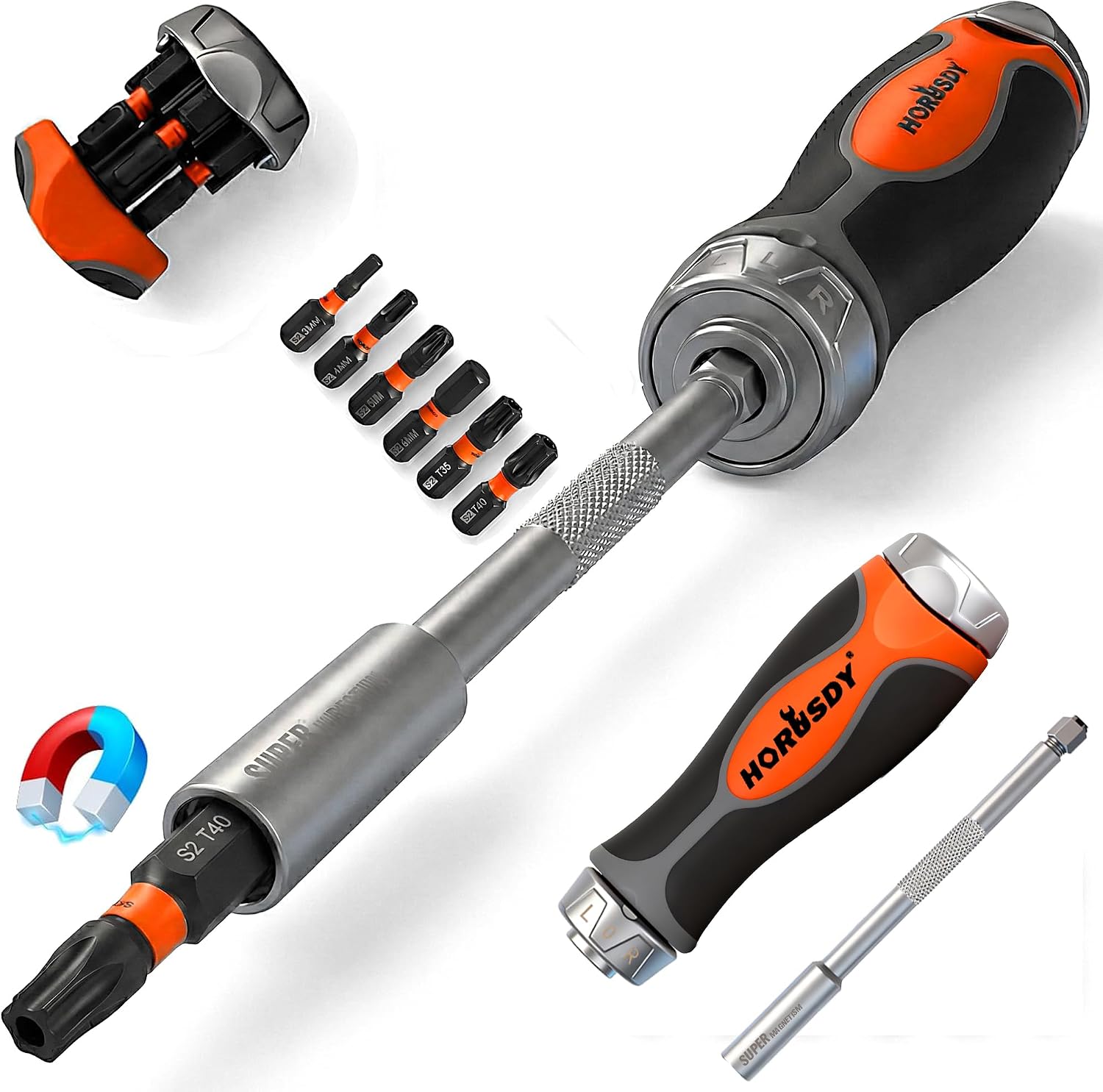 HORUSDY 6-in-1 Ratcheting Screwdriver Set, Magnetic Multi-Bit Screwdriver with Built-in Premium S2 Bits & 126mm Extension Bar, Dad Mens Gifts for Christmas, All-in-One Tool for Home Repair, DIY