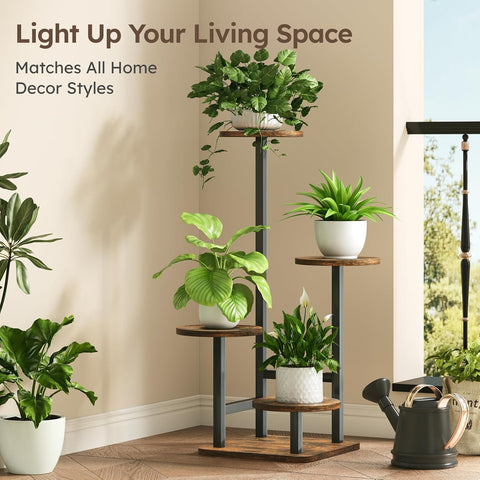 Homsorout Plant Stand Indoor - 4 Tiered Indoor Plant Stand, Metal Plant Shelf Plant Holder, Ideal for Living Room, Garden, Patio, Balcony (Black Brown)