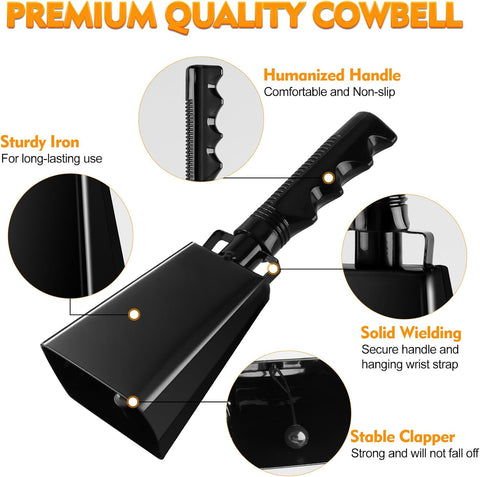 cyrico Cow Bell, 9 Inch Cowbells for Sporting Events, Metal Steel Cowbell with Handle, Loud Noise Makers for Football Games, Black Large Hand Bells Cheering Items School Musical Percussion Instruments