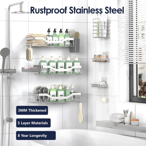 NESOMI Shower Caddy Adhesive Shower Organizer 8-Pack, Rustproof Stainless Steel Bathroom Shelves, Large Capacity No-Drill Rack Storage Accessories with Soap Dish Toothbrush Holder Hooks