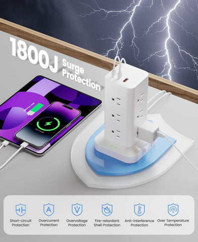 Power Strip Tower with Surge Protector 1800J, Fast Charging Tower PD20W USB-C Ports with 12 AC Outlets, Extension Cord for Home Office Dorm Room,10ft, White