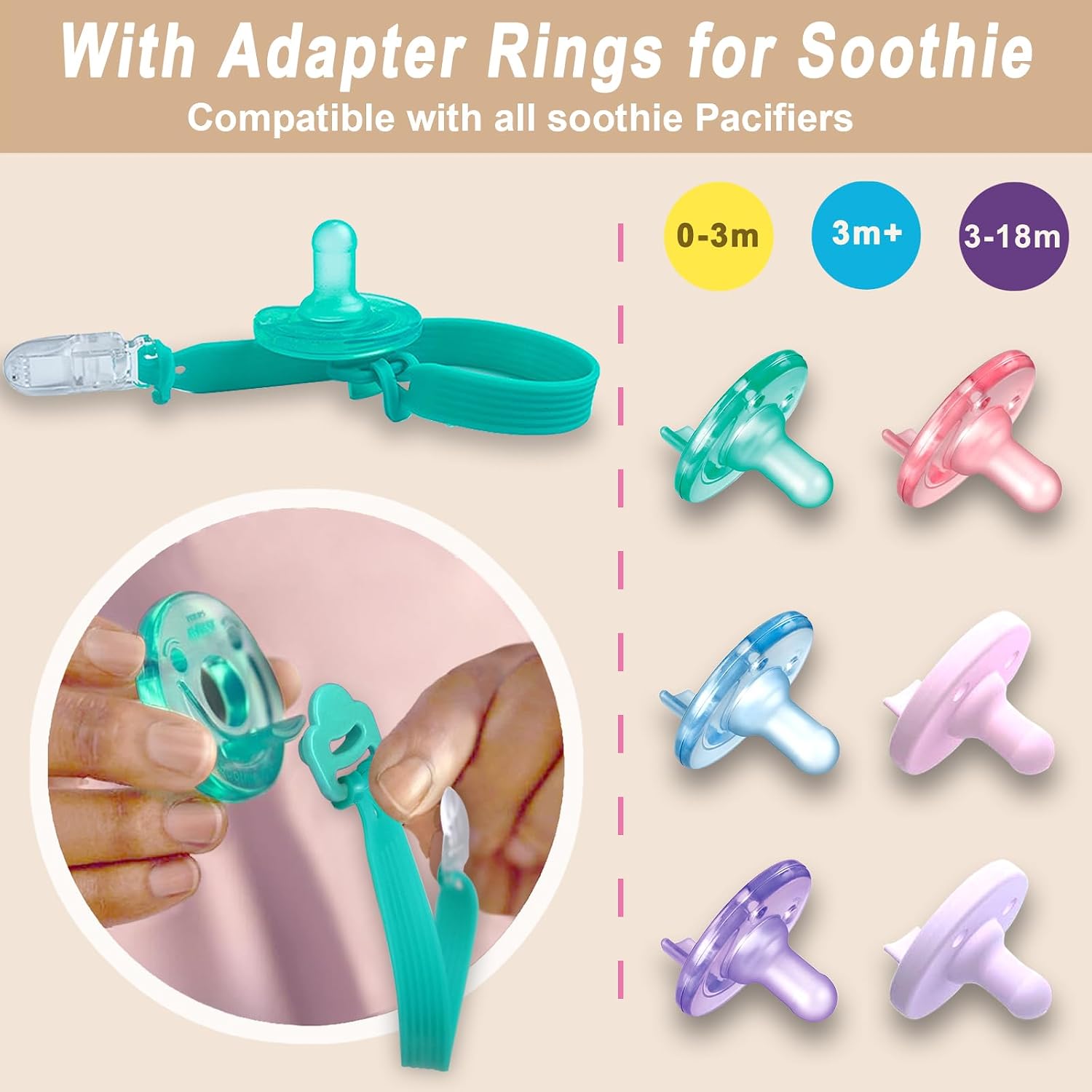 Silicone Pacifier Clip with Adapter Ring for Philips Avent Soothie, 2 Pack One-Piece Soft Binky Clips Holder for Baby Girls Boys, Anti-Loss Paci Clips for Baby Shower Newborn Essentials,Pink Purple