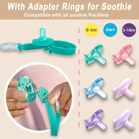 Silicone Pacifier Clip with Adapter Ring for Philips Avent Soothie, 2 Pack One-Piece Soft Binky Clips Holder for Baby Girls Boys, Anti-Loss Paci Clips for Baby Shower Newborn Essentials,Pink Purple