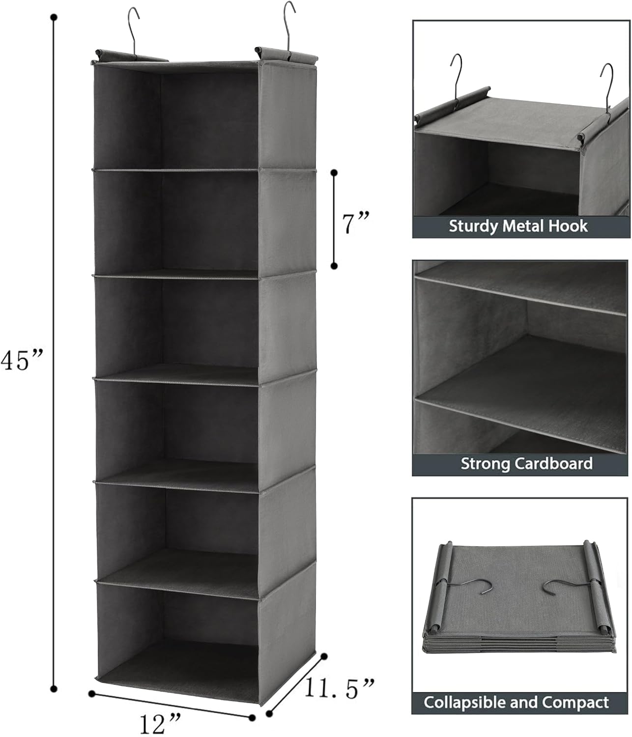 MAX Houser 6 Tier Hanging Closet Organizer with 2 Sturdy Hooks, Grey