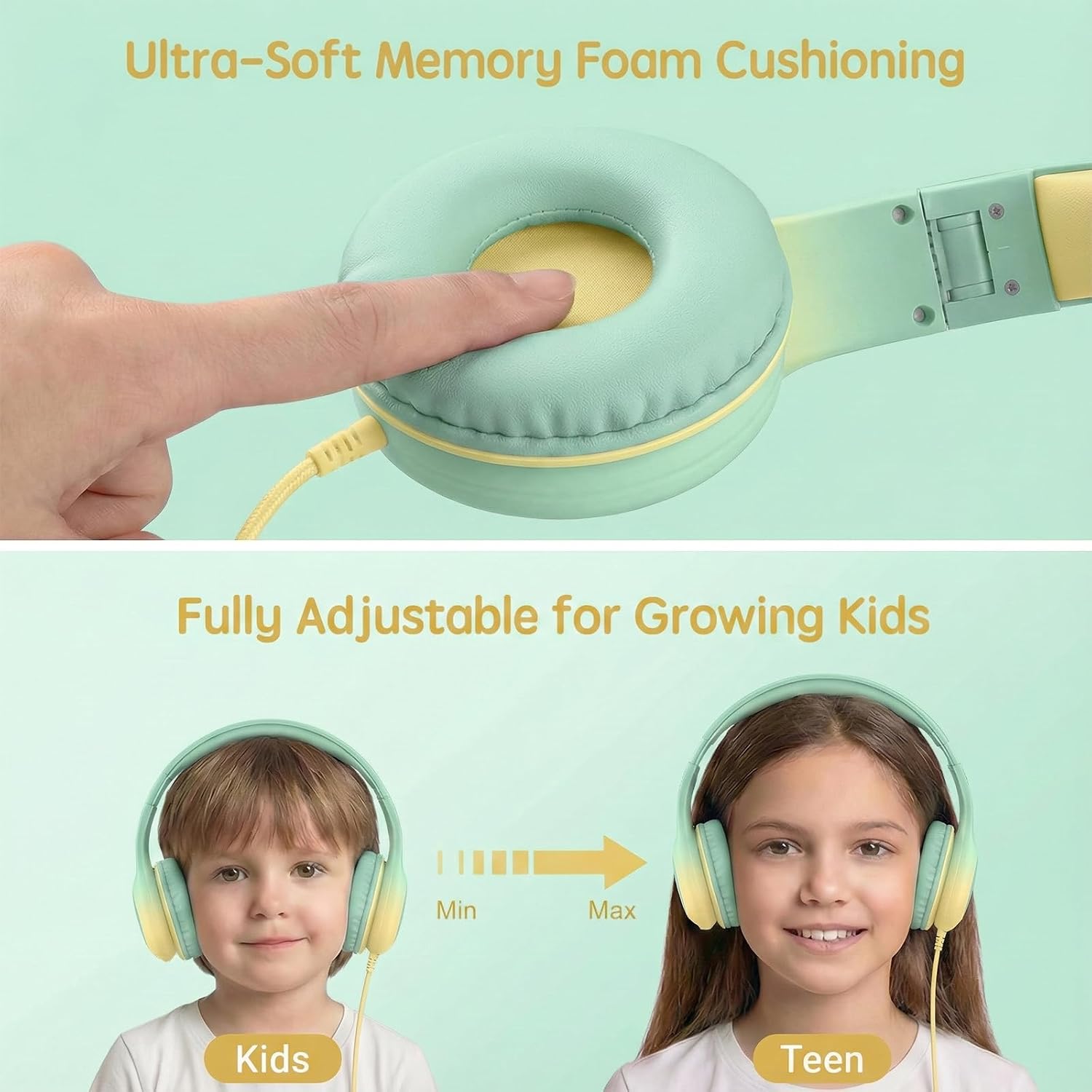 ADOOPE Wired Kids Headphones with USB C Plug, 85dB Safe Volume, Adjustable Headband, Tangle-Free Cord Headphones for School, Tablet, Travel (Mint Green & Cream Yellow, Without Microphone)