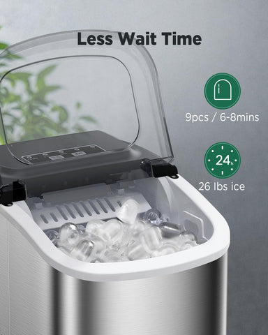 Silonn Ice Makers Countertop, 9 Cubes Ready in 6 Mins, 26lbs in 24Hrs, Self-Cleaning Ice Machine with Ice Scoop and Basket, 2 Sizes of Bullet Ice