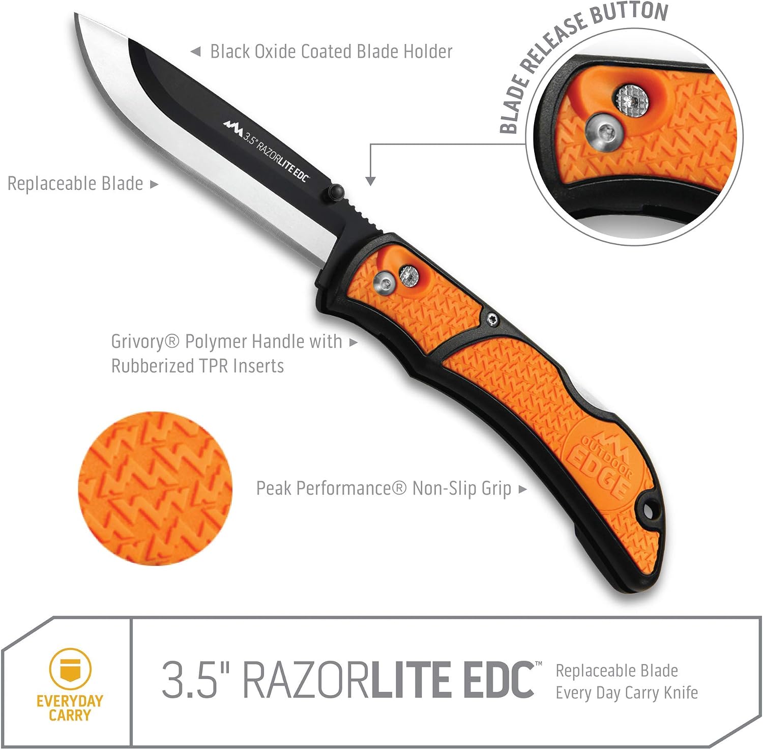 OUTDOOR EDGE 3.5" RazorLite EDC Knife. Pocket Knife with Replaceable Blades and Clip. The Perfect Hunting Blade for Skinning Deer. Blaze Orange with 6 Blades