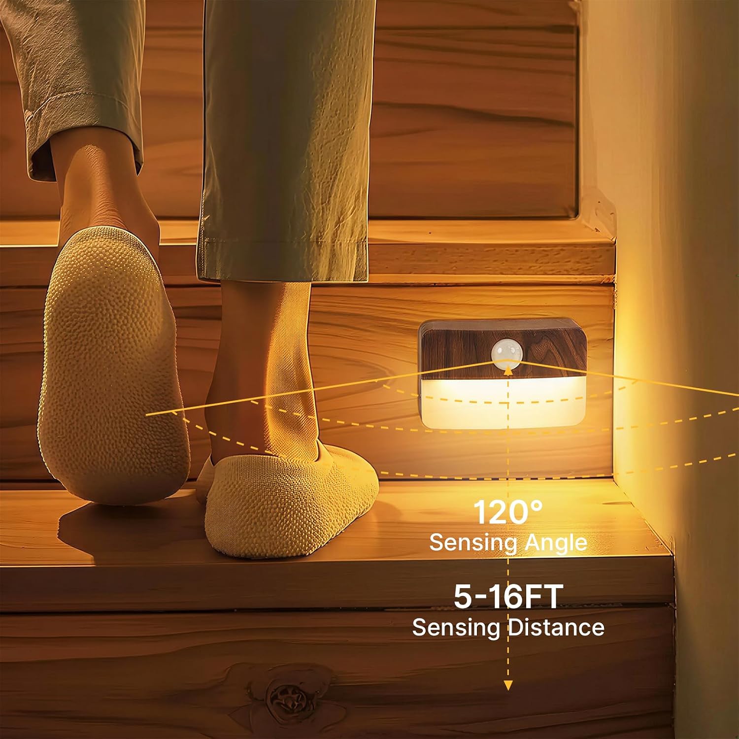 Guankai 16 Pack Motion Sensor Stair Light for Indoor, Battery Operated Closet Lights, Wireless Stick on Anywhere Hallway Lamp, Portable Led Night Lamps for Bedroom Under Cabinet Kitchen, Wood Grain