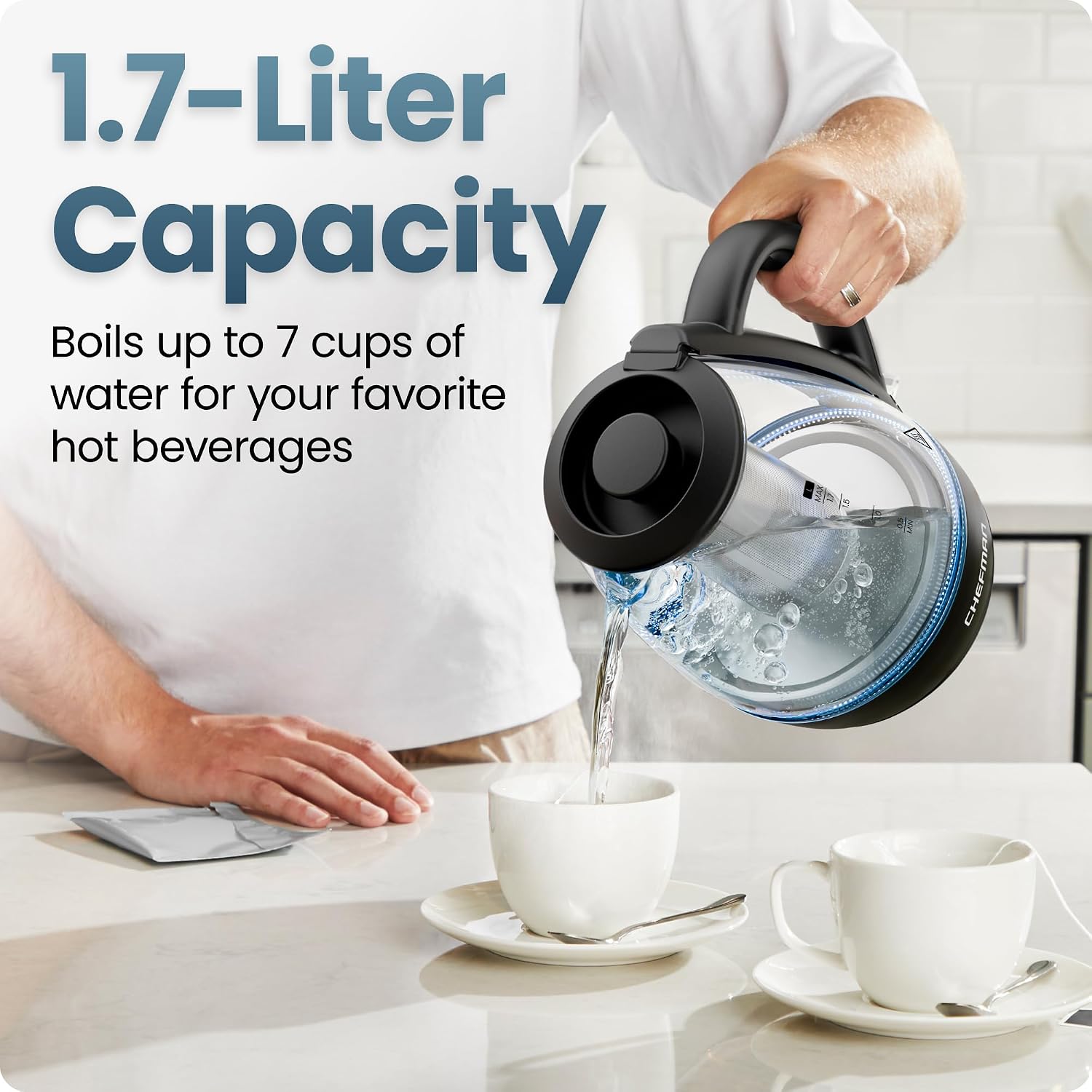 Chefman Electric Kettle with Tea Infuser, 1.7L 1500W, Removable Lid for Easy Cleaning, Boil-Dry Protection, Stainless Steel Filter, BPA Free, Auto Shut Off Hot Water Boiler, Glass Electric Tea Kettle