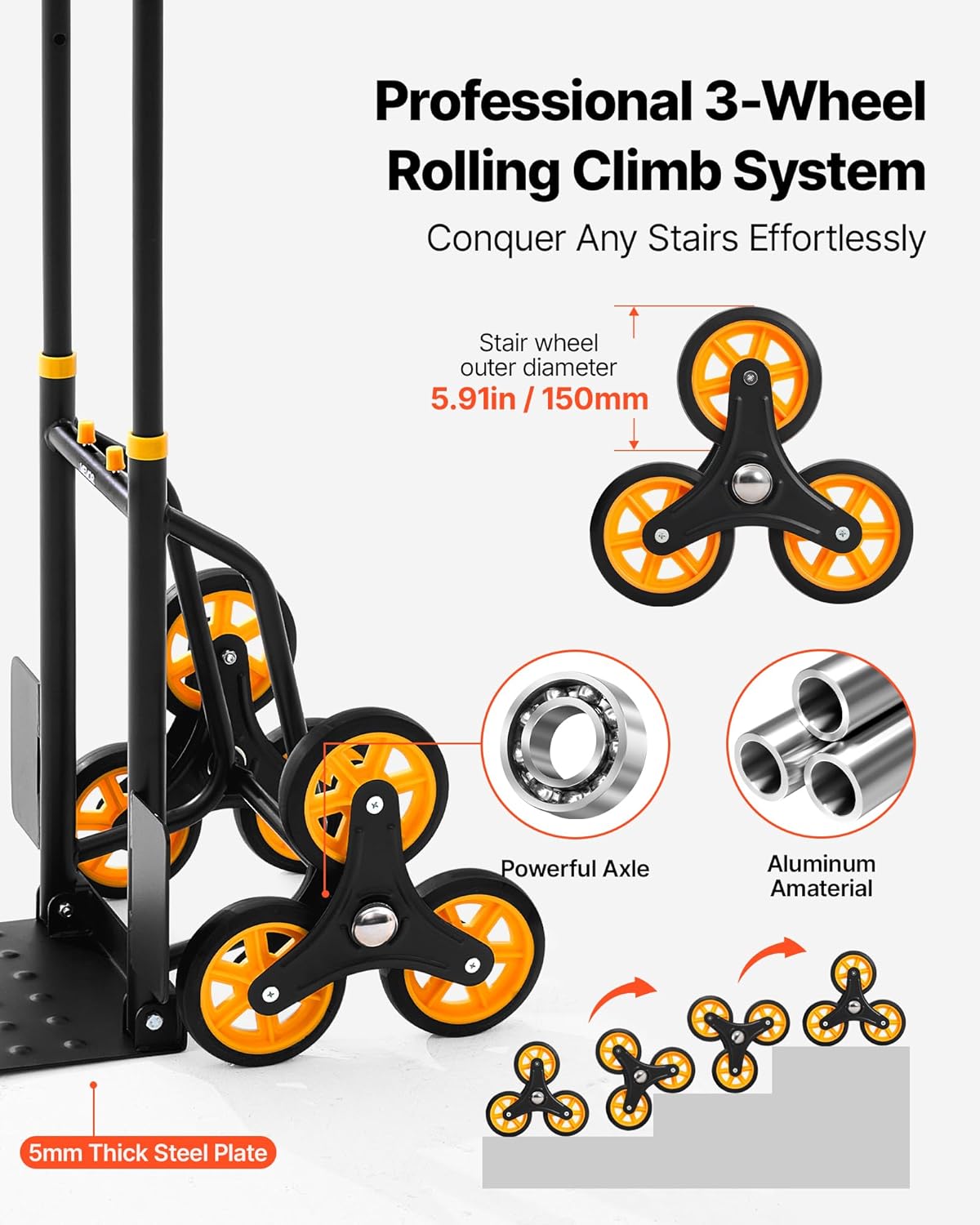 VEVOR Stair Climbing Cart 440 lbs, 330 lbs Stair-Climbing Capacity, Heavy-Duty Folding Trolley Cart with Telescoping Handle, 6 Wheels and 2 Bungee Cords for Home, Groceries, Warehouse