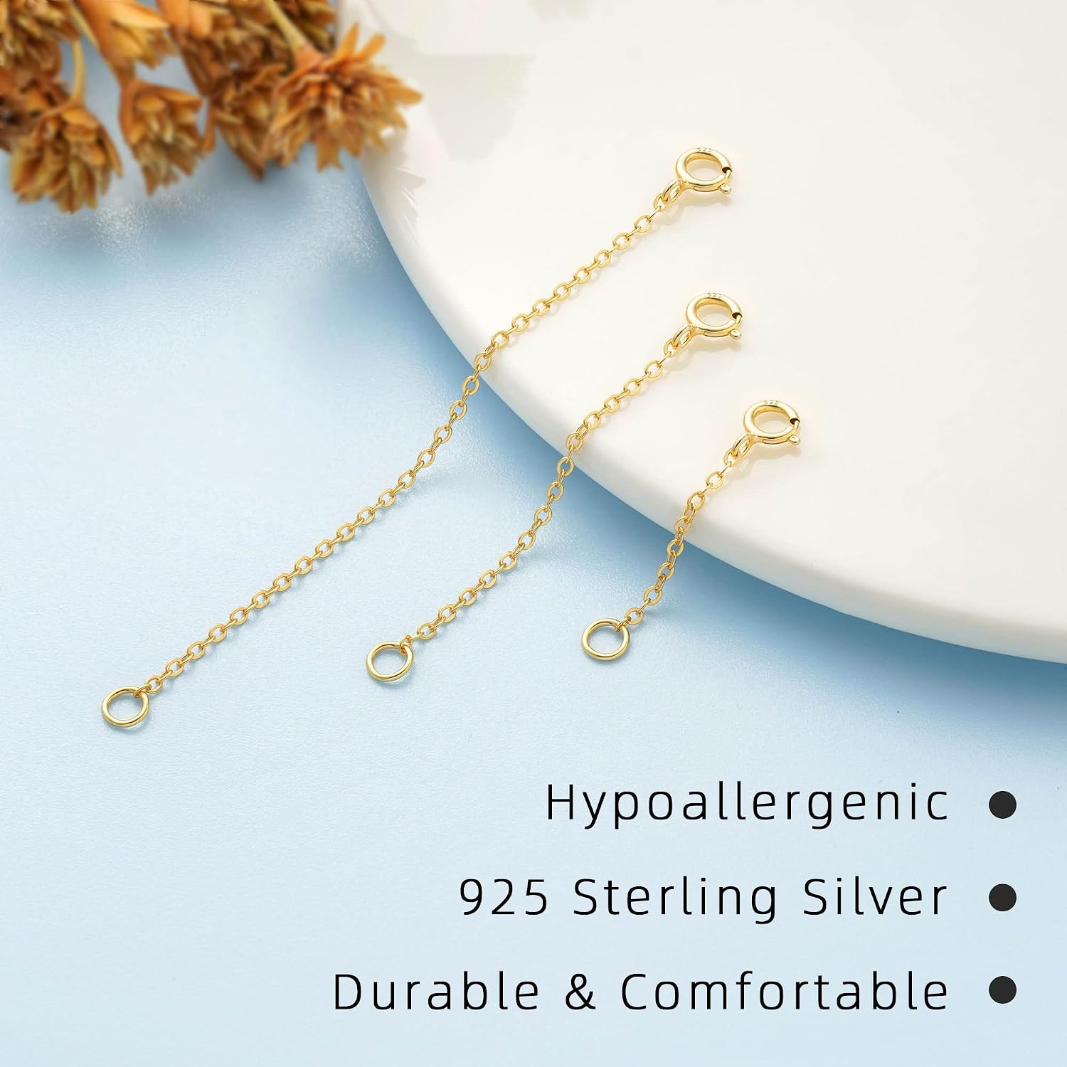 Gold Necklace Extenders 14k Extender Chain 925 Sterling Silver Extension Bracelet Chain Extenders for Necklaces 3 Pcs (1 2 3 Inch)(Gold)