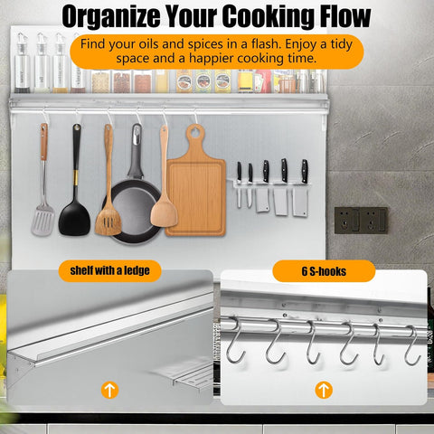 24"x30" Stainless Steel Range Backsplash for Stove Hood, Wall Mount Panel with Storage Shelf & Knife Rack, Commercial Grade, Pre-Drilled Holes for Easy Installation & Cleaning