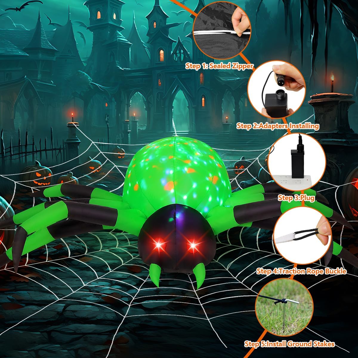 COMIN 9FT Halloween Inflatables Decorations Green Spider Yard LEDs Decor