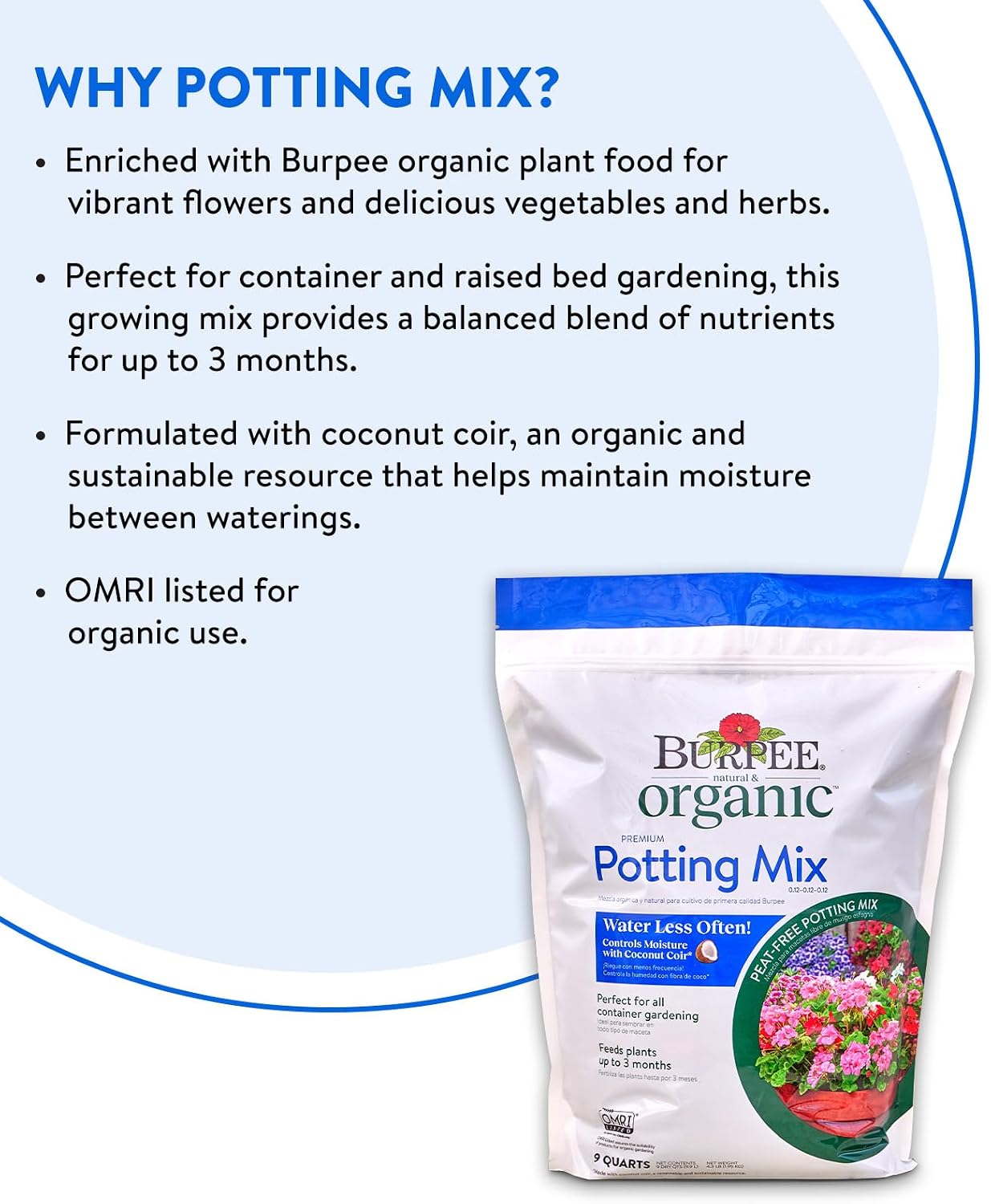 Burpee, 9 Quarts | Premium Organic Potting Natural Soil Mix Food Ideal for Container Garden-Vegetable, Flower & Herb Use for Indoor Outdoor Plant