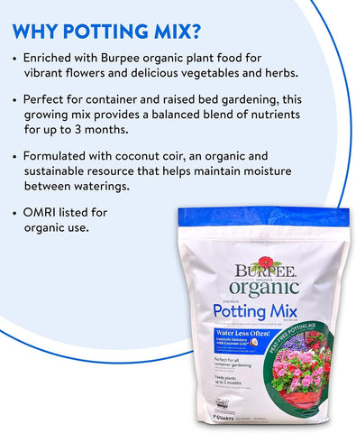 Burpee, 9 Quarts | Premium Organic Potting Natural Soil Mix Food Ideal for Container Garden-Vegetable, Flower & Herb Use for Indoor Outdoor Plant