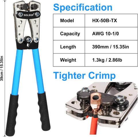 Solsop Battery Cable Crimper Tool for AWG 10, 8, 6, 4, 2, 1/0 Gauge