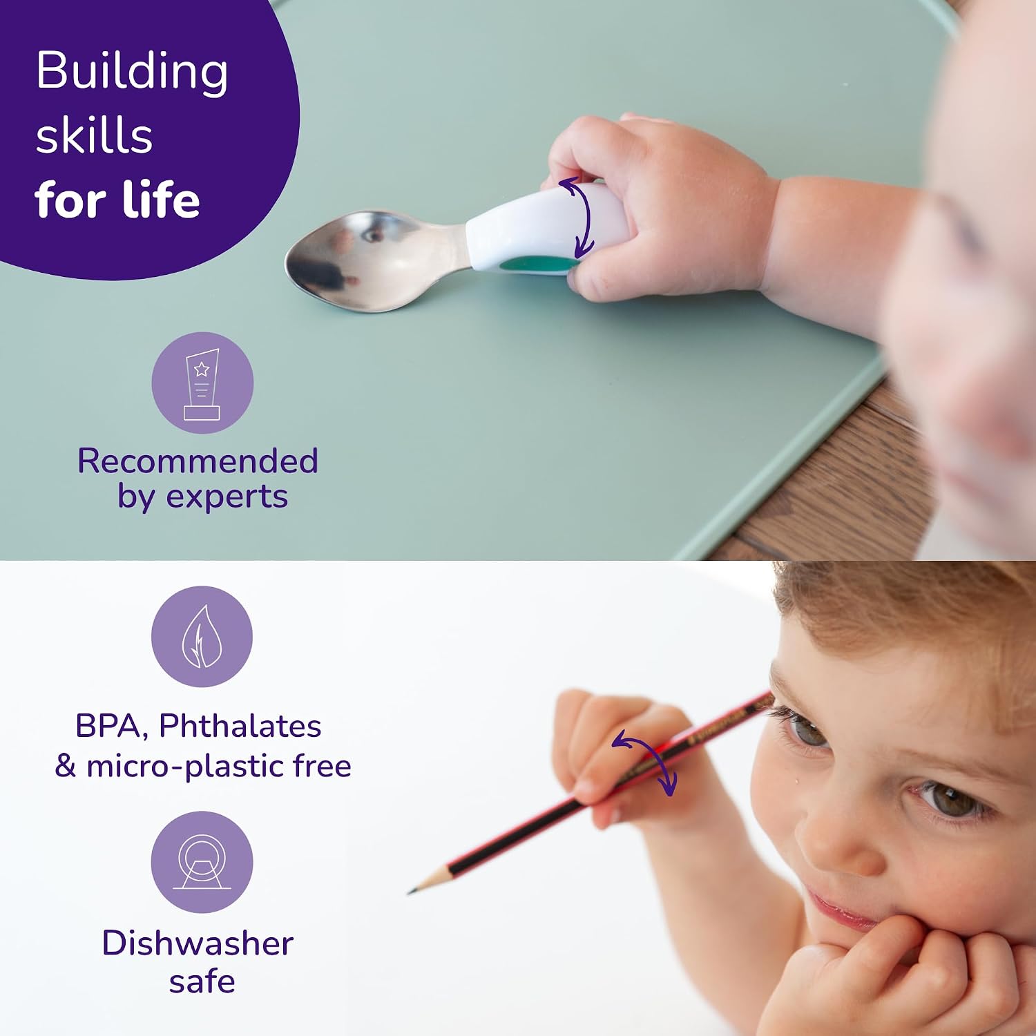 doddl Toddler Utensils, Ergonomic Fork and Spoon Set for Self Feeding, Stainless Steel Silverware for 1-3 Year Olds, BPA Free, Dishwasher Safe (Aqua)