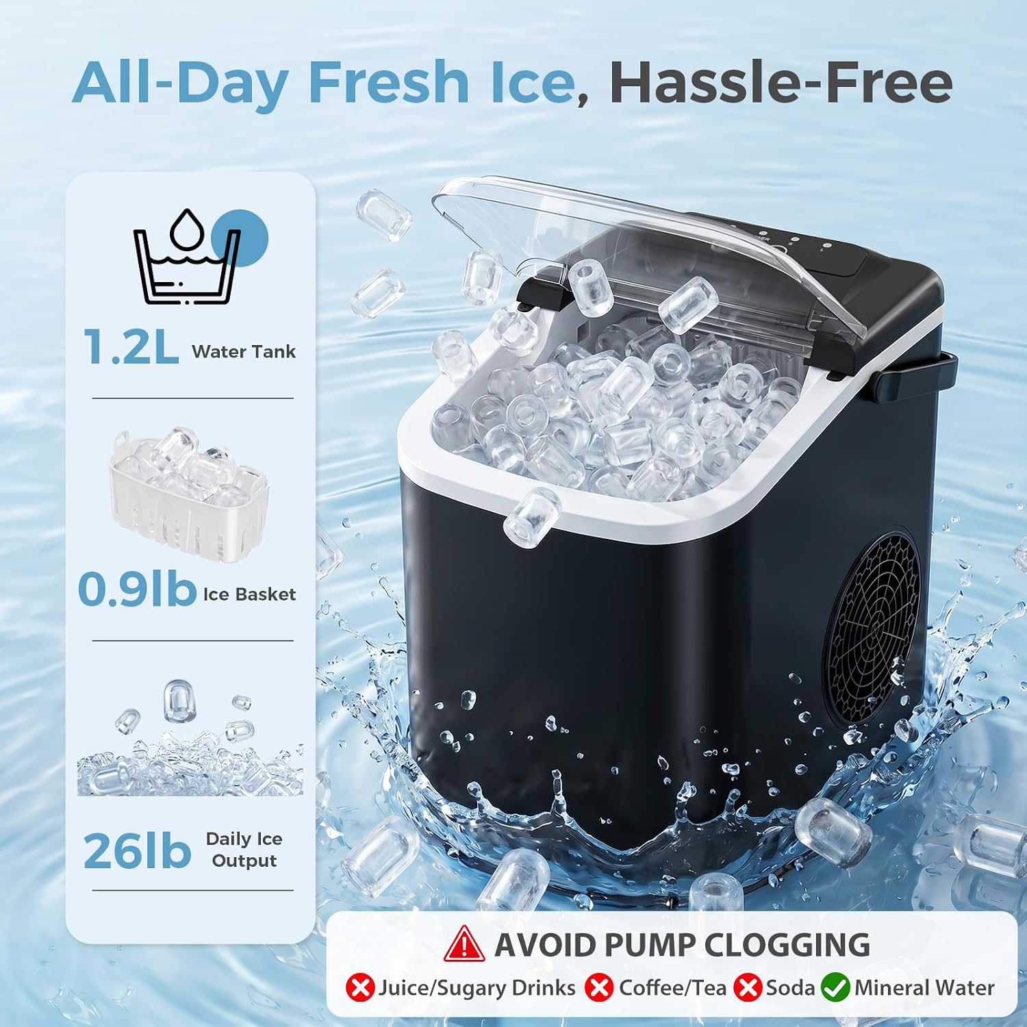 Countertop Ice Maker, Portable Ice Machine with Carry Handle Basket and Scoop, 9 Bullet Cubes Ready in 6 Mins, 26lbs Daily, Self-Cleaning for Home, Kitchen, Camping, RV