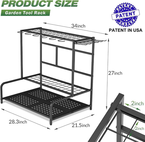 Sttoraboks Garden Tool Organizer Rack Up to 39 Tools, Heavy-Duty Steel Yard Tool Organizer for Garage Storage with 12 Hooks, Broom Holder & Garden Tool Rack for Shed, Patio, Outdoor Storage, Black