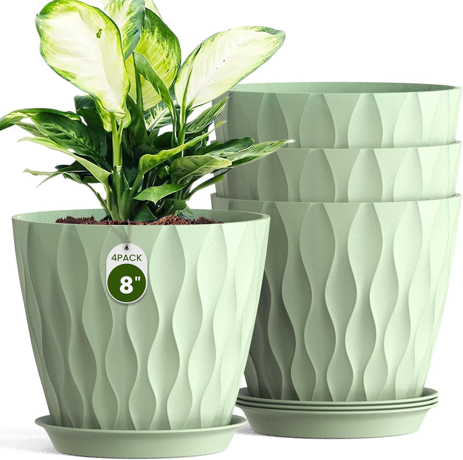 8 Inch Plant Pots 4 Pack Plastic Planters with Drainage & Saucers