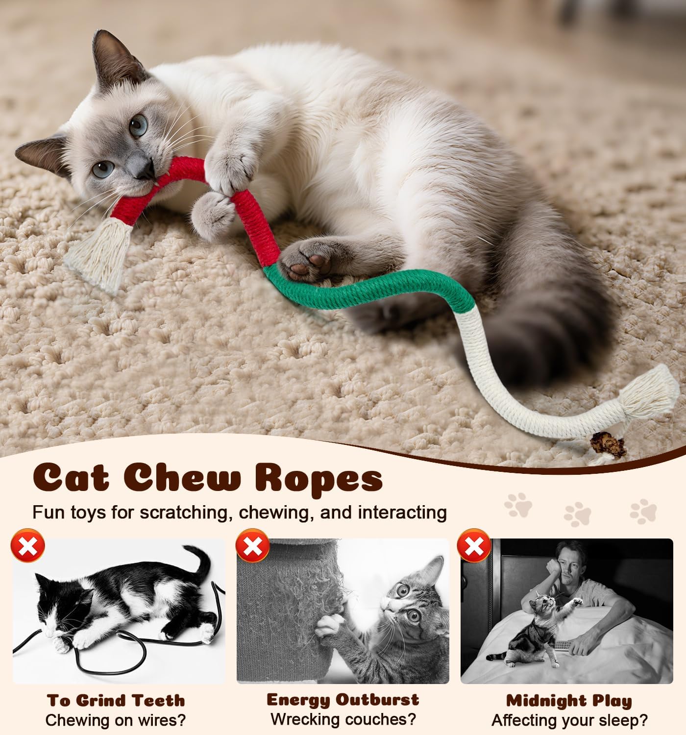 Cat Chew Ropes 4Pcs, Safe Cat Chew Toys for Indoor Cats with Catnip