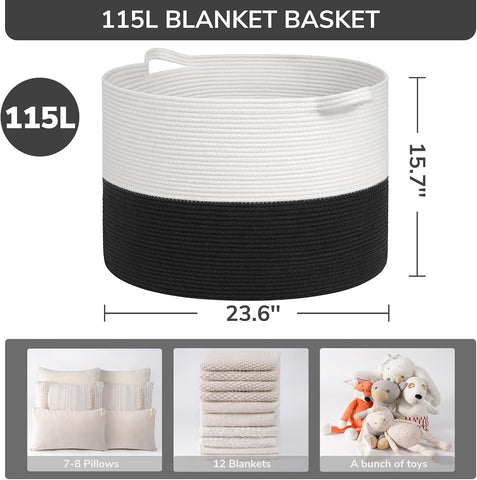 INDRESSME 115L Extra Large Woven Rope Blanket Basket Living Room WhiteBlack