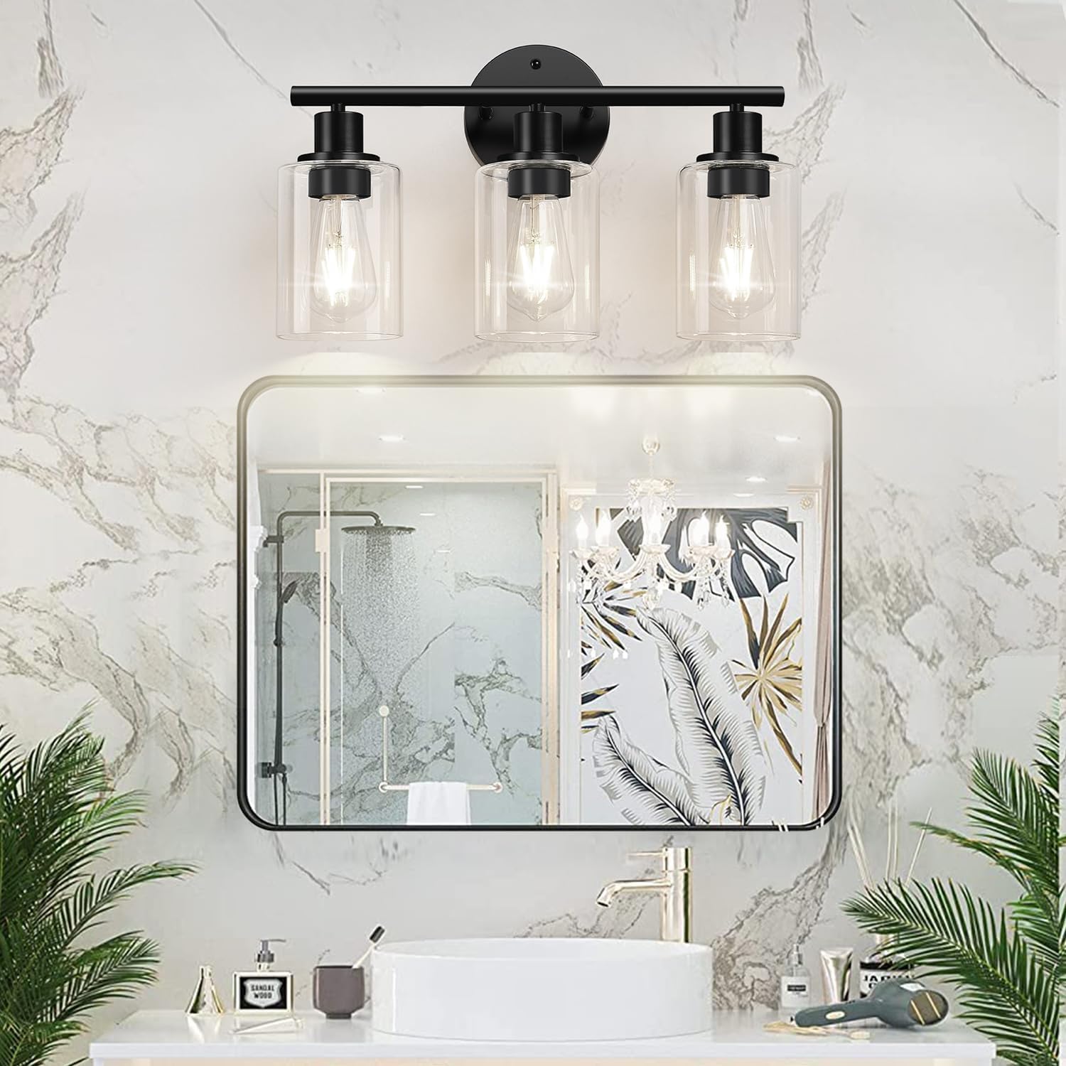 Zarbitta 3-Light Bathroom Light Fixtures, 17.23" Black Modern Vanity Lights with Clear Glass Shade, Bathroom Wall Lamp for Mirror Kitchen Living Room Hallway Cabinet Porch