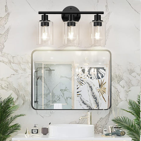 Zarbitta 3-Light Bathroom Light Fixtures, 17.23" Black Modern Vanity Lights with Clear Glass Shade, Bathroom Wall Lamp for Mirror Kitchen Living Room Hallway Cabinet Porch