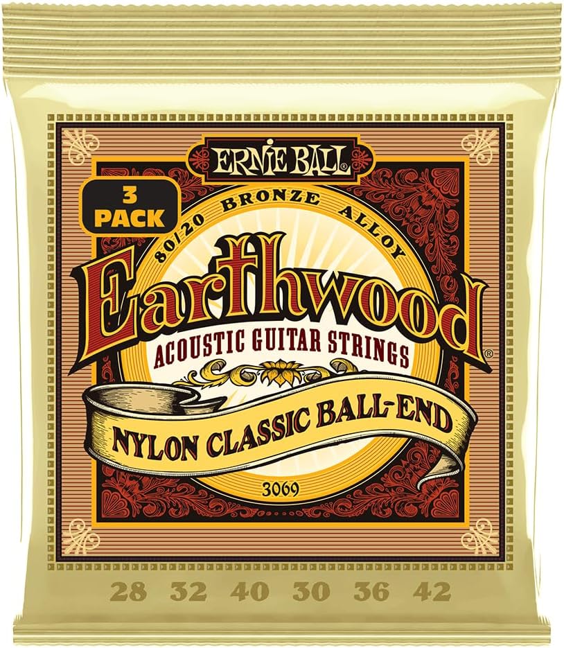 Ernie Ball Folk Nylon Clear & Gold Ball-End 80/20 Bronze Acoustic Guitar Strings, 28-42 Gauge (P02069)